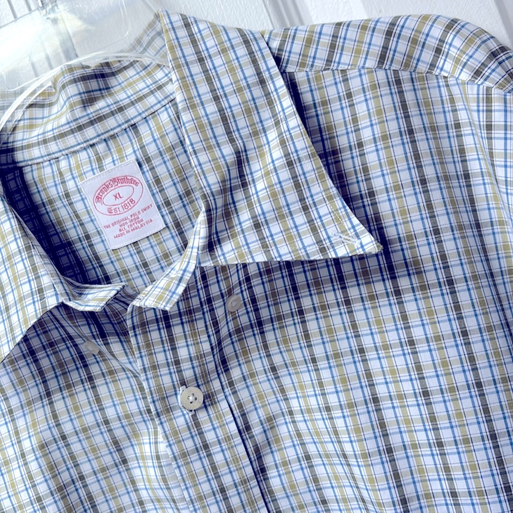 Brooks Brothers "The Original Polo Shirt" Plaid White Blue Shirt Men's Size XL !